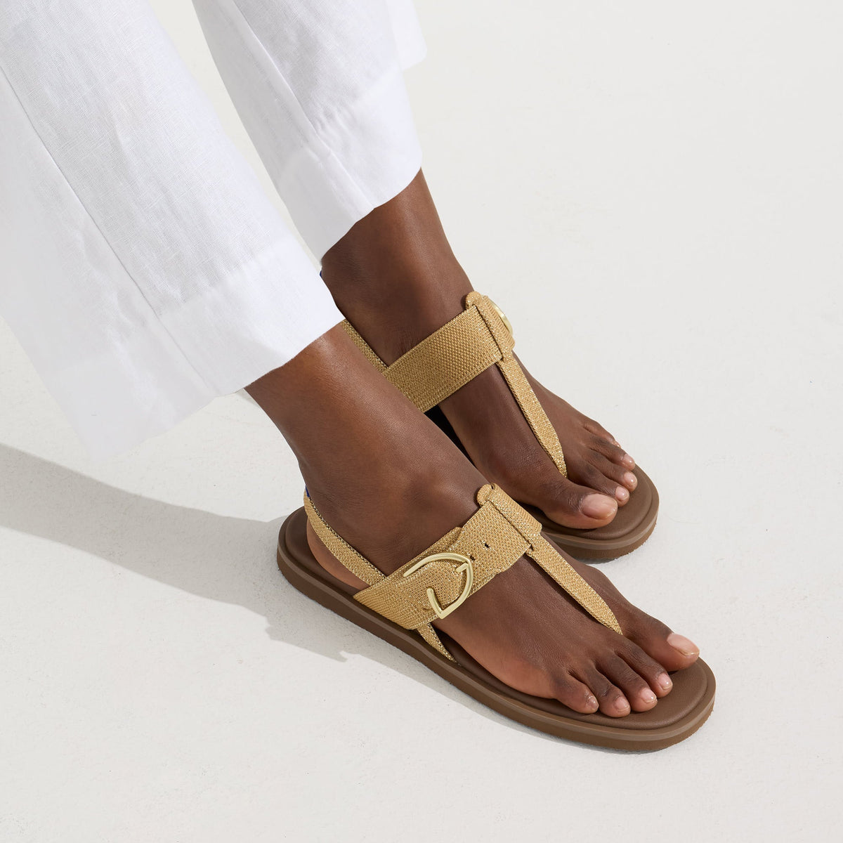 Rothy's The T-Strap Sandal in Metallic Golden Sun