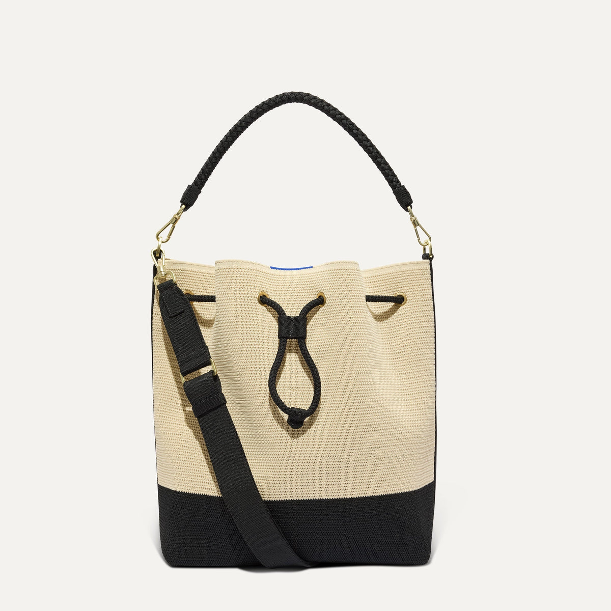 Rothy's The Cinch Bucket Bag in Black and White Raffia-Knit