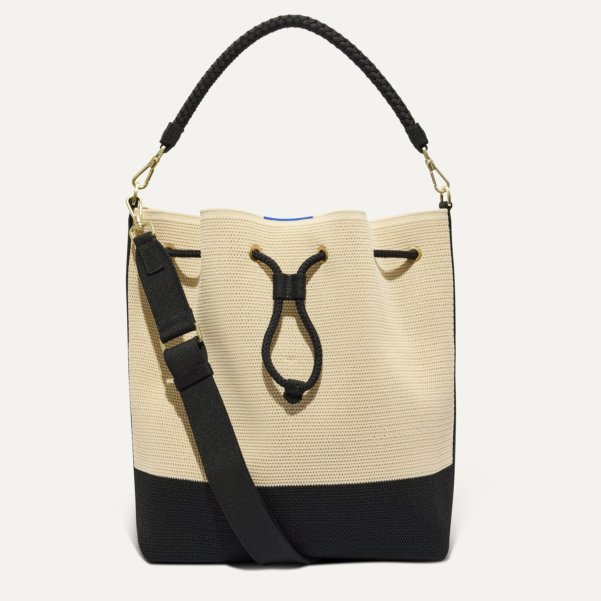 Rothy's The Cinch Bucket Bag in Black and White Raffia-Knit