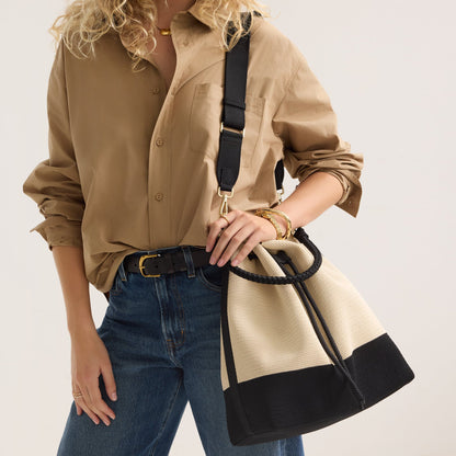 Rothy's The Cinch Bucket Bag in Black and White Raffia-Knit