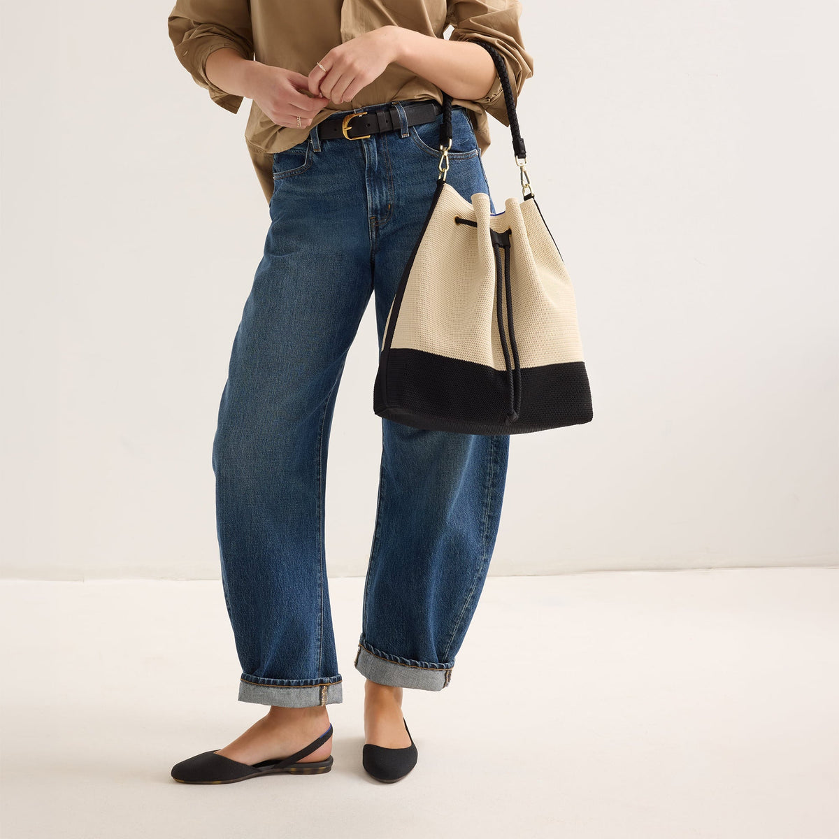 Rothy's The Cinch Bucket Bag in Black and White Raffia-Knit