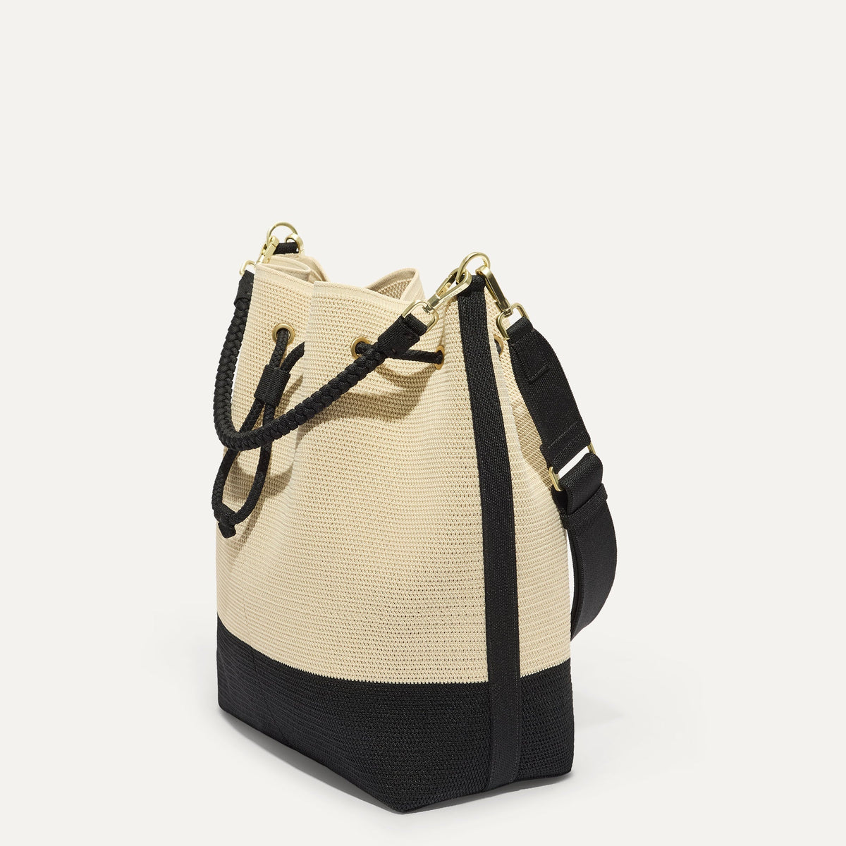 Rothy's The Cinch Bucket Bag in Black and White Raffia-Knit